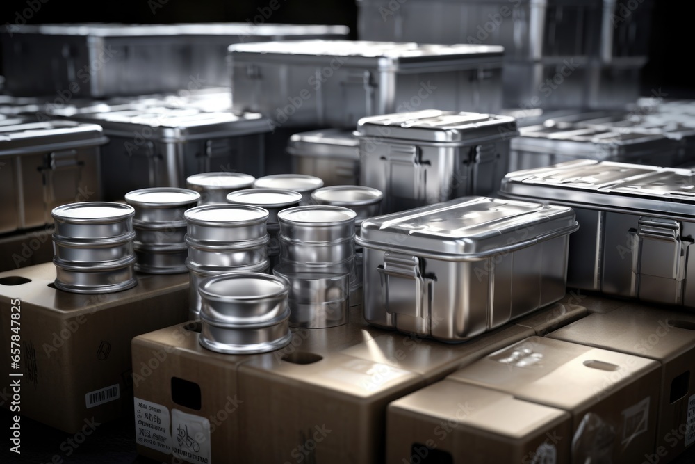 Poster A collection of metal containers placed on top of boxes. This versatile image can be used to represent storage, organization, shipping, or industrial concepts.