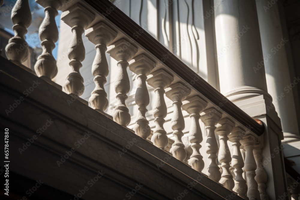 Poster A detailed close-up view of a railing on a building. This image can be used to showcase architectural details or as a background for urban themes.
