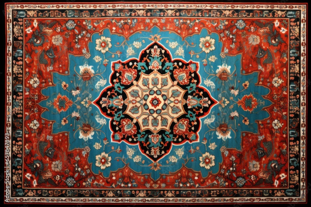 Poster a vibrant red and blue rug with a beautiful floral design. perfect for adding a pop of color and ele