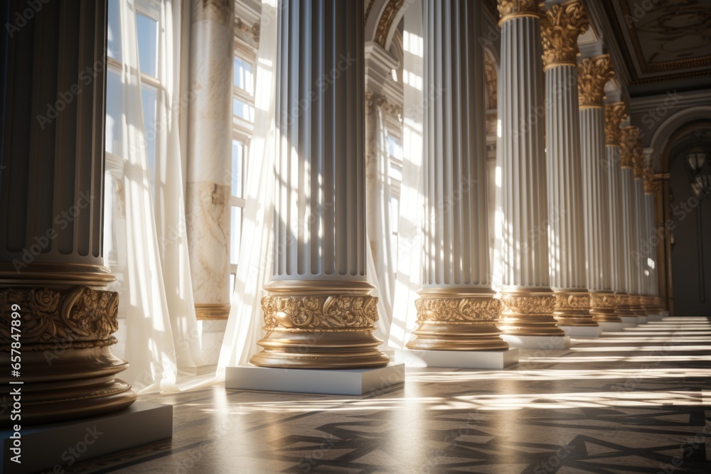 Aufkleber A room with columns and a clock on the wall. Perfect for interior design inspiration and time-related concepts.