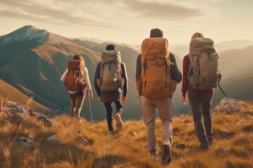 Group of peole with backpacks hiking in mountains