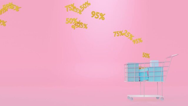 Online shopping sale concept: cart with blue gift boxes on pink background. Marketing 3d render concept with yellow sale tags.