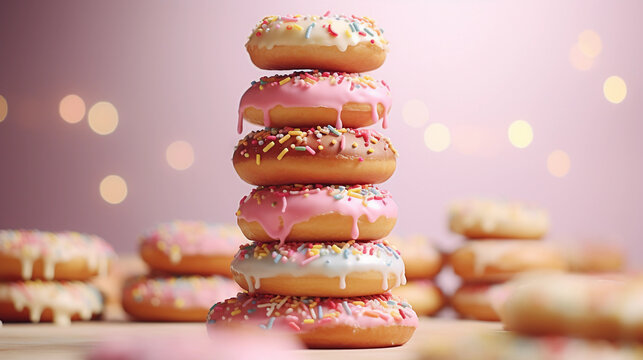 Soft - focus, ethereal image of donuts stacked in a pyramid shape, pastel colors, surrounded by scattered sprinkles, fairy tale atmosphere