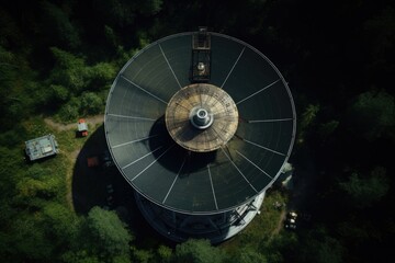 An aerial view of a radio tower surrounded by dense woods. This image can be used to depict communication, technology, or remote locations. - Powered by Adobe
