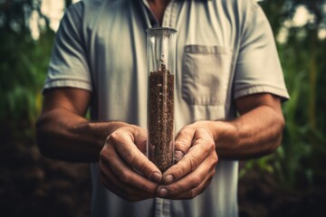 A man is holding a glass filled with dirt. This image can be used to represent gardening, soil analysis, environmental issues, or the concept of growth and development. - obrazy, fototapety, plakaty