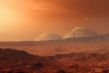 Fototapeta na wymiar Vibrant Mars landscape with Olympus Mons in the background, red - orange surface, subtle dust storms, textures on rocks and cliffs