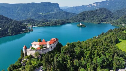 drone photo Bled Lake, Blejsko jezero Bled slovenia europe	