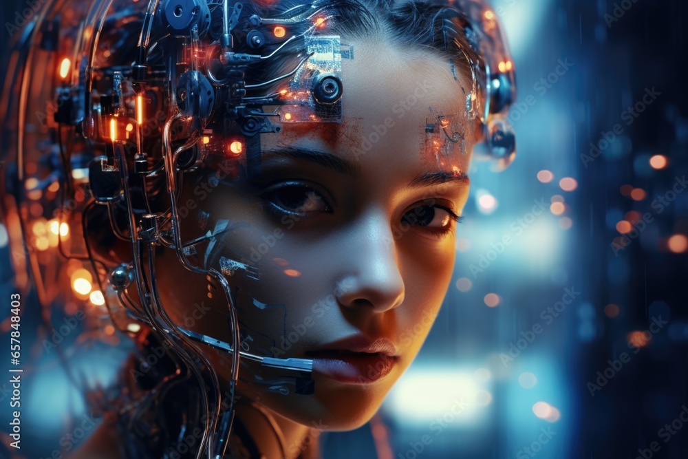 Poster a close-up view of a woman's face with wires attached to her head. this image can be used to depict 