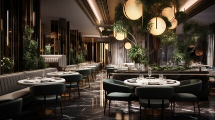 A chic restaurant interior with sleek, marble tables and soft, ambient lighting, setting the stage for a memorable dining experience - obrazy, fototapety, plakaty