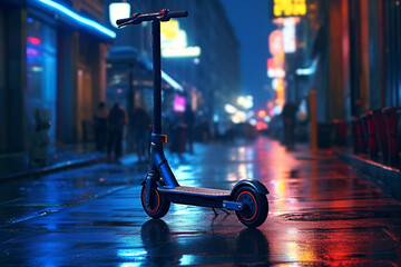Electric scooter in neon lights at night