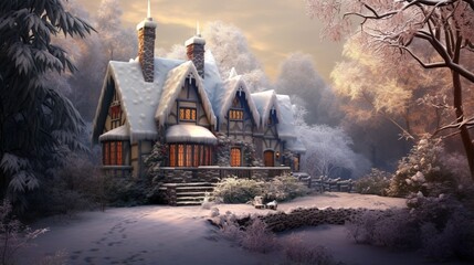 A charming cottage nestled in a tranquil forest blanketed by freshly fallen snow, with smoke gently rising from its chimney into the crisp winter air