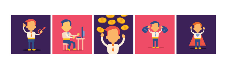 Business Man Leader Achieving Goals Icon Vector Set