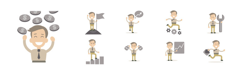 Business Man Leader Achieving Goals Icon Vector Set