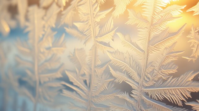 A close-up of intricate frost patterns etched delicately on a windowpane, catching the first rays of the morning sun © Shahzaib