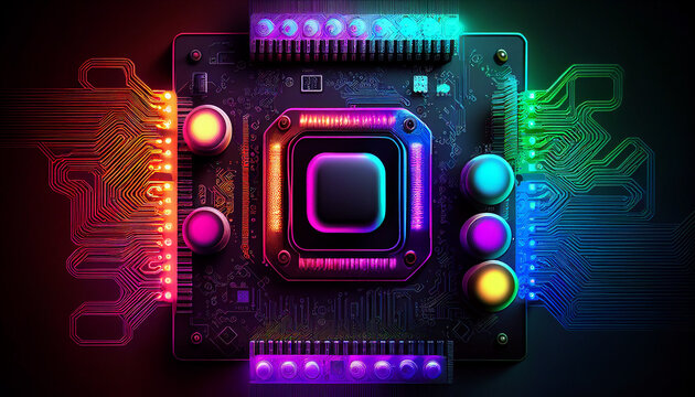 DSLR processor circuit detailed Neon colors background wallpaper Ai generated image
