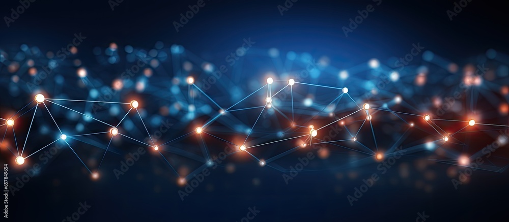 Poster futuristic digital design with moving dots and lines create a network structure on an abstract backg