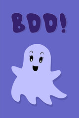 Boo text. Vector Poster. Cute Halloween Ghost on Blue Background with Lettering. Greeting Card in Flat Cartoon style
