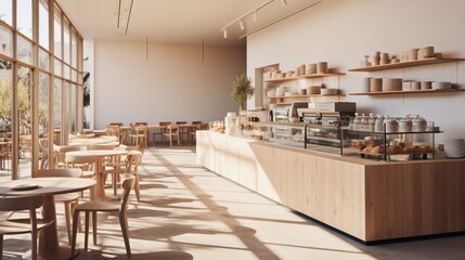 A contemporary cafe with minimalist decor and a display of artisanal pastries, creating a serene space for coffee enthusiasts - obrazy, fototapety, plakaty