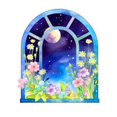 Window with flowers in night watercolor paint vector.