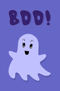 Boo text. Vector Poster. Cute Halloween Ghost on Blue Background with Lettering. Greeting Card in Flat Cartoon style