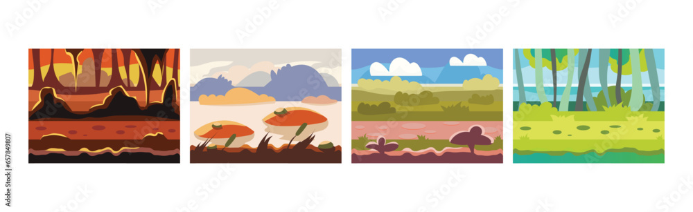 Poster flat landscapes view and picture as game background vector set
