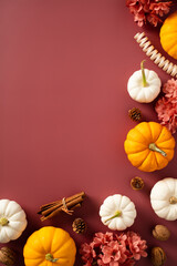 Happy Thanksgiving day frame of pumpkins, autumn fall decorations, flowers on brown background....