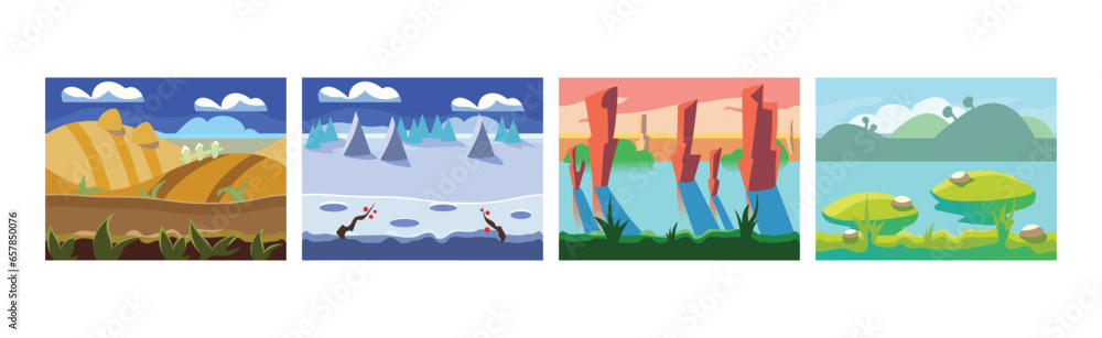 Poster flat landscapes view and picture as game background vector set