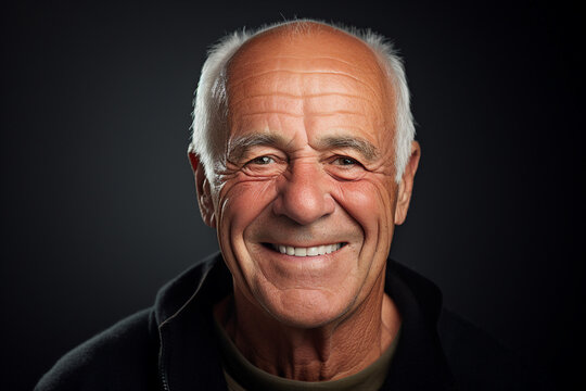 Generative AI photography of a cheerful elderly man with white toothy smile isolated on dark grey background