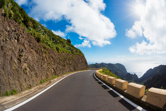 Mountain Pass Road with Sun, Teno Mountains, Masca, Tenerife, Canary Islands, Spain