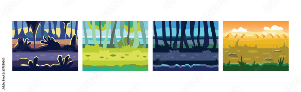 Poster flat landscapes view and picture as game background vector set