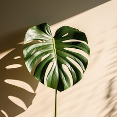 Monstera leaf with sunlight casting shadow