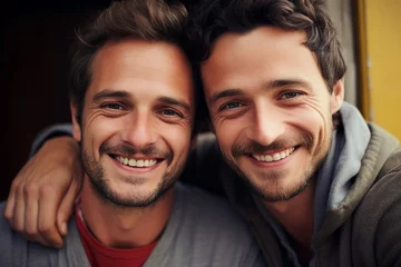 Fotobehang Generative AI portrait picture of two guys best friends brothers relatives smiling © deagreez