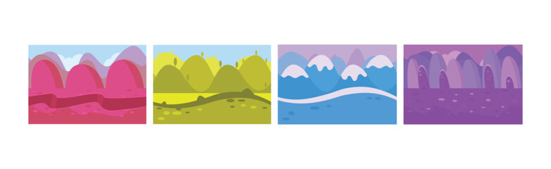 Obraz premium Bright Flat Landscapes View as Game Background Vector Set