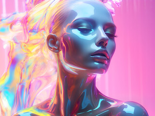 Portrait of a beautiful futuristic woman with flawless holographic skin