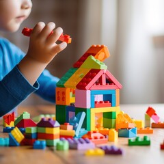 A child's hands building a simple house with colorful plastic blocks