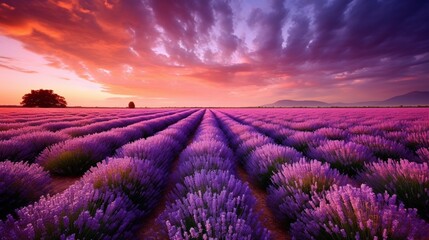 A breathtaking lavender field under the enchanting glow of twilight, with rows upon rows of purple blooms creating an otherworldly landscape
