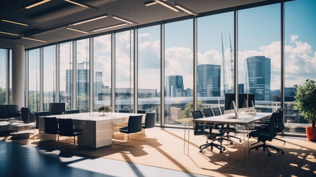Office background without people. Bright Office, Workspace. Modern office space without people, natural light, Large windows. Generative AI