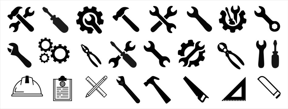 Tools And Service Icons Set. Wrench, Screwdriver And Gear Icon. Screwdriver And Wrench Glyph, Saw, Cap Icon. Settings And Repair, Service Sign - Stock Vector.