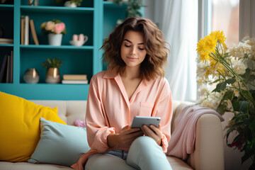 Portrait of pretty dreamy girl sitting on soft cozy couch use phone watching up planning weekend indoor house modern flat