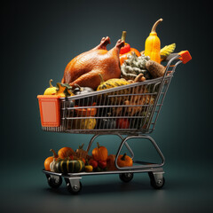 Turkey in a shopping cart ready for thanksgiving or Christmas dinner - obrazy, fototapety, plakaty