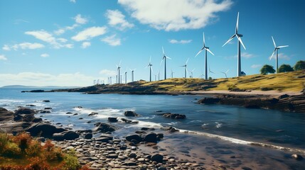 Renewable Energy: Wind Turbines Harnessing Clean Power on Coastal Landscape. A wind farm generating clean power on a coastal beach.