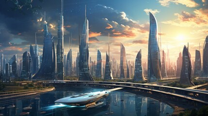 a futuristic cityscape with hovering, electric-powered cars gracefully gliding amidst towering skyscrapers - obrazy, fototapety, plakaty