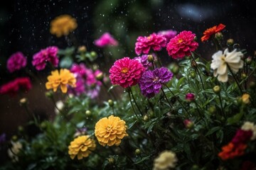 Colorful flowers in the rain. Generative AI