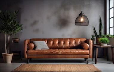 Retro-style living room with a timeless brown leather sofa. Generative AI - obrazy, fototapety, plakaty