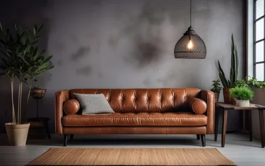 Deurstickers Retro-style living room with a timeless brown leather sofa. Generative AI © piai