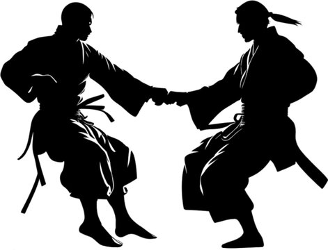 two jump-kick jujutsu fighters on a white background. AI-Generated.