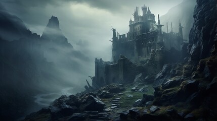 A hauntingly beautiful, forgotten castle ruin atop a misty mountain, with a sense of timelessness...