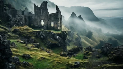 Fotobehang A hauntingly beautiful, forgotten castle ruin atop a misty mountain, with a sense of timelessness in the decay © Shahzaib