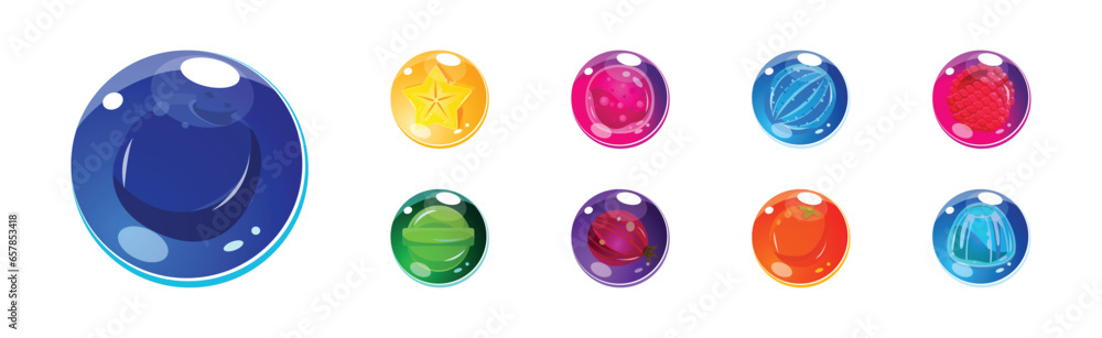 Poster colorful bubbles with candies inside as asset for game design vector set