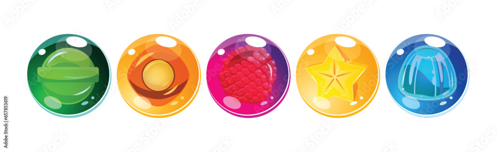 Poster colorful bubbles with candies inside as asset for game design vector set